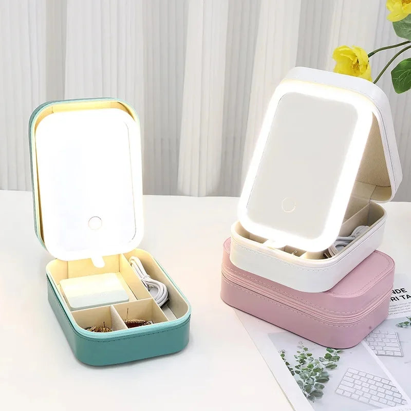 Portable LED Makeup Mirror Storage Case - Large Capacity Cosmetic Bag for Travel & Makeup Accessories