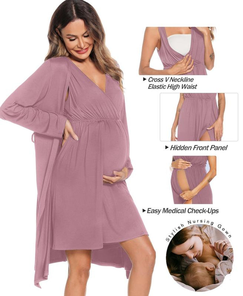 Women's 3-in-1 Maternity Nursing Gown and Robe Set - Soft Modal Fabric for Ultimate Comfort and Style