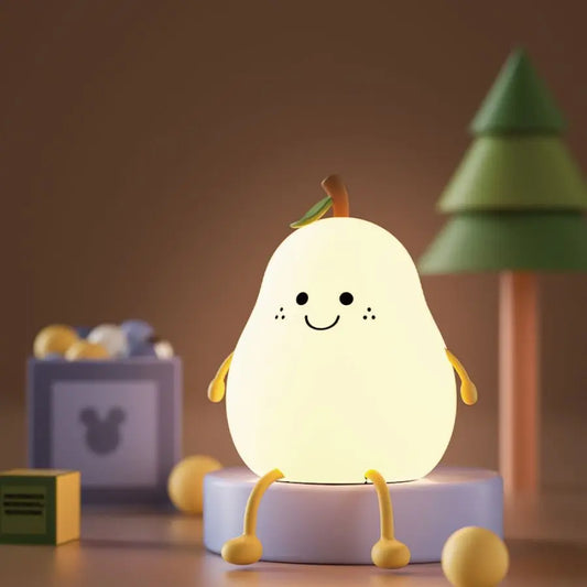 Colorful LED Pear Fruit Silicone Night Light - Touch Dimming, USB Rechargeable Cartoon Lamp for Kids' Bedroom Decor, Perfect Gift!