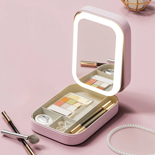 Portable LED Makeup Mirror Storage Case - Large Capacity Cosmetic Bag for Travel & Makeup Accessories