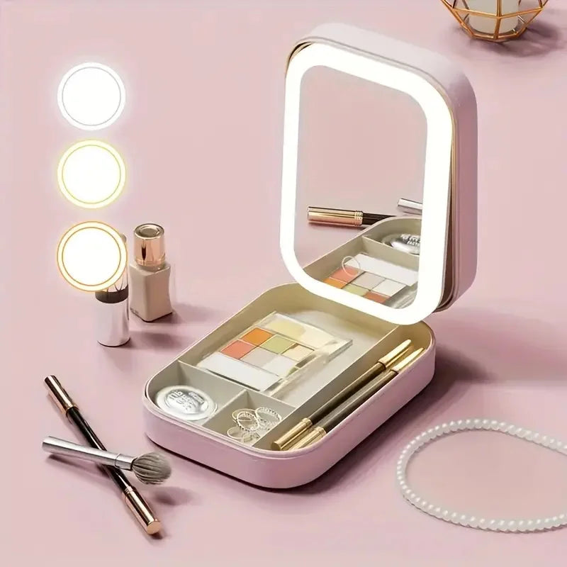 Portable LED Makeup Mirror Storage Case - Large Capacity Cosmetic Bag for Travel & Makeup Accessories