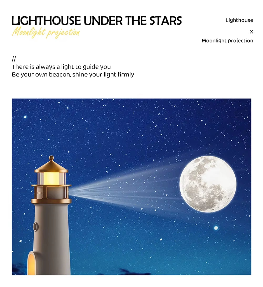 Enchanting Moon Projection Lighthouse Night Light with Bluetooth Music, Motion Sensor, and Dimmable Features - Perfect Ambient Lamp for Christmas and Birthday Gifts!