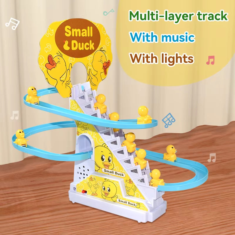 Climbing Stairs Track Toys Electric Duck DIY Rail Racing Track Roller Coaster Toys Set Light Music Educational Toy for Kids Gift