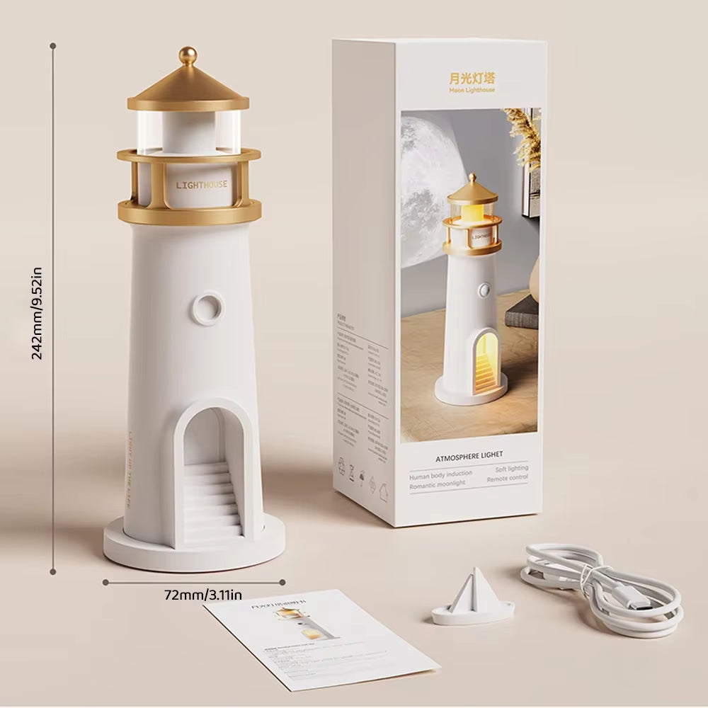 Enchanting Moon Projection Lighthouse Night Light with Bluetooth Music, Motion Sensor, and Dimmable Features - Perfect Ambient Lamp for Christmas and Birthday Gifts!