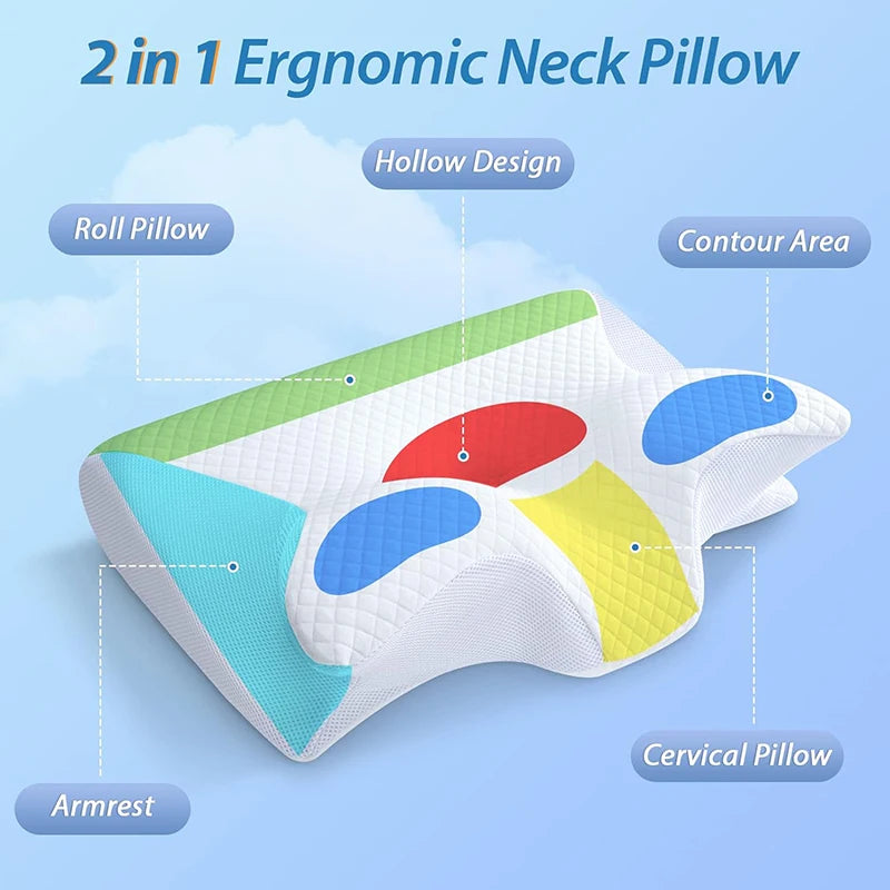 Ergonomic 2-in-1 Memory Foam Cervical Pillow for Neck Pain Relief - Contoured Support for Ultimate Comfort